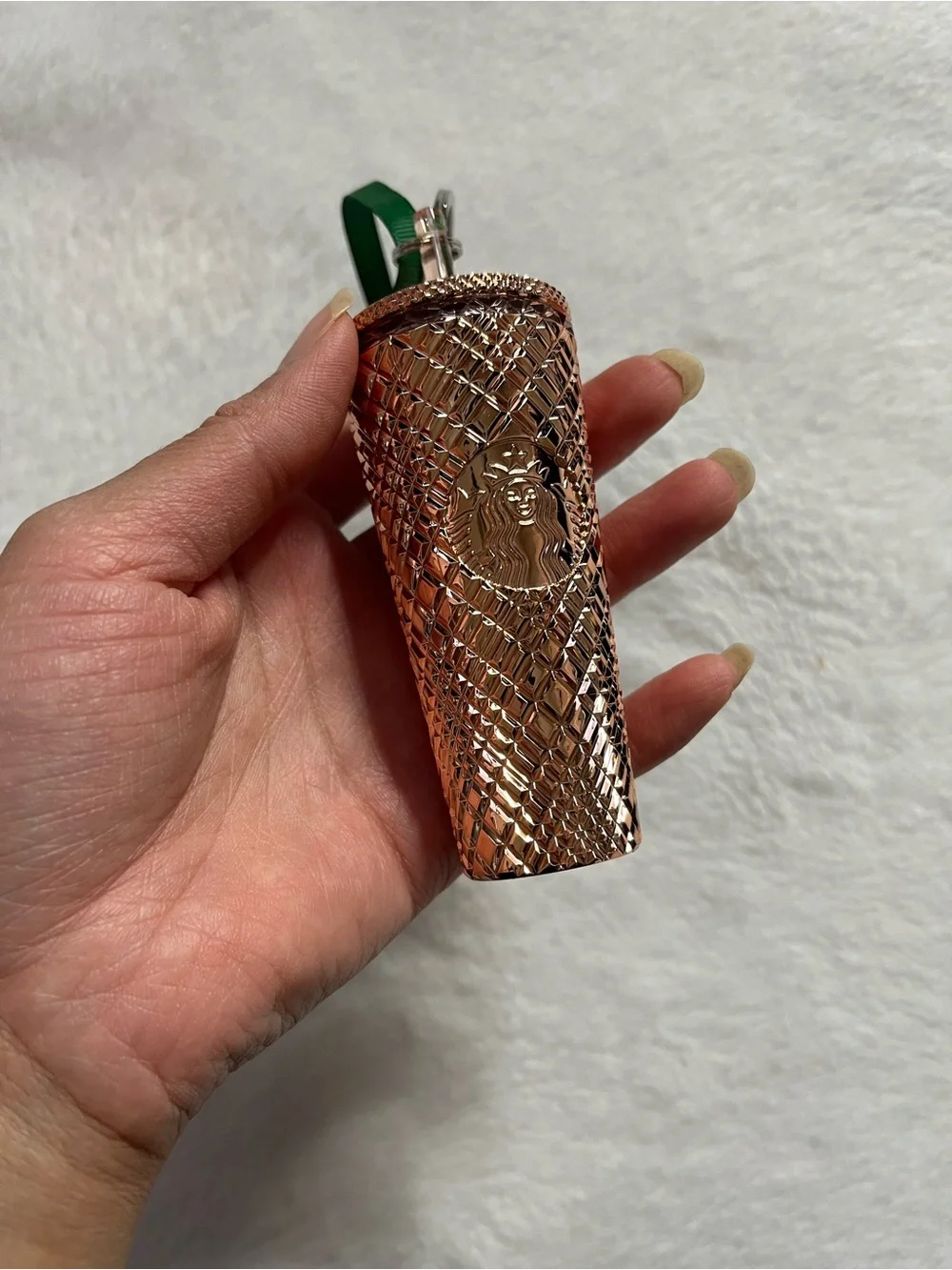 Starbucks Rose Gold Textured Tumbler Keychain with Green Ribbon Loop